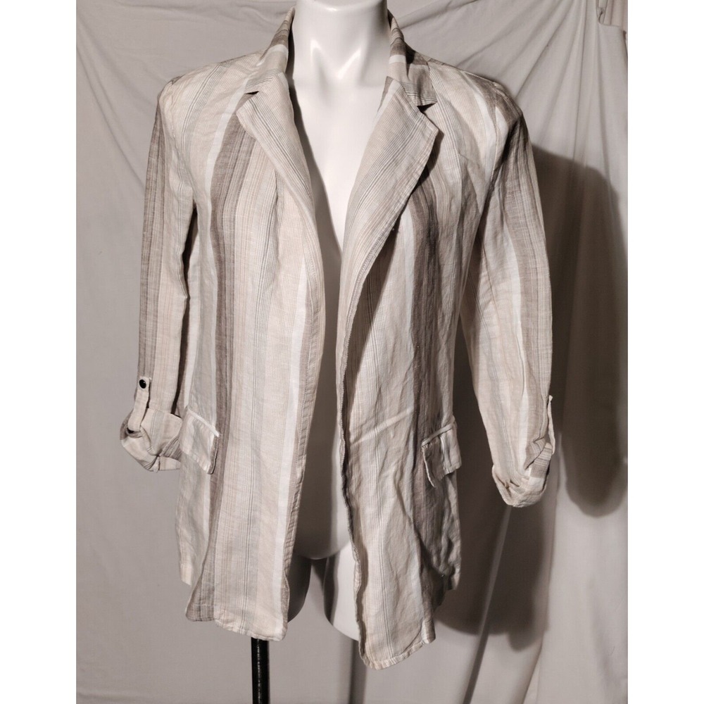 Charlie B Blazer‎ Sz XS Striped Open Front Roll Tab Shirt Blazer Linen Blend NWT